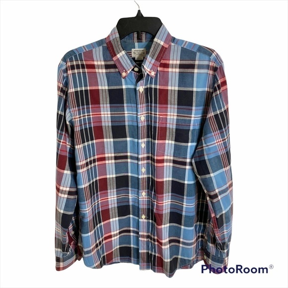 J.Crew Summer Plaid Shirt Red Blue Button Down Medium - Picture 1 of 7
